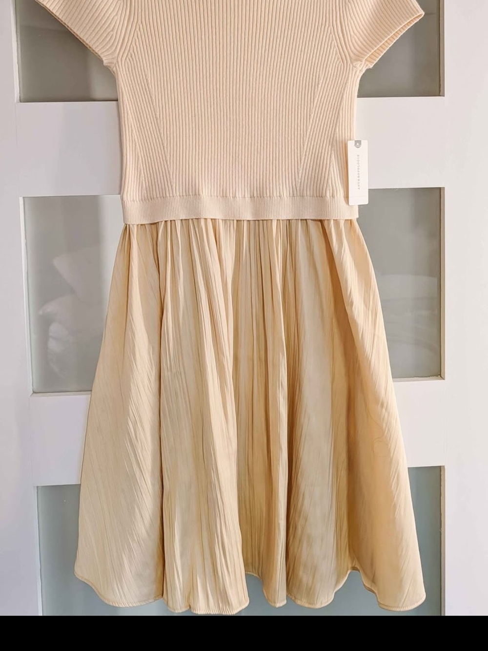 Women's Light Yellow Knit Top Pleated Skirt Dress